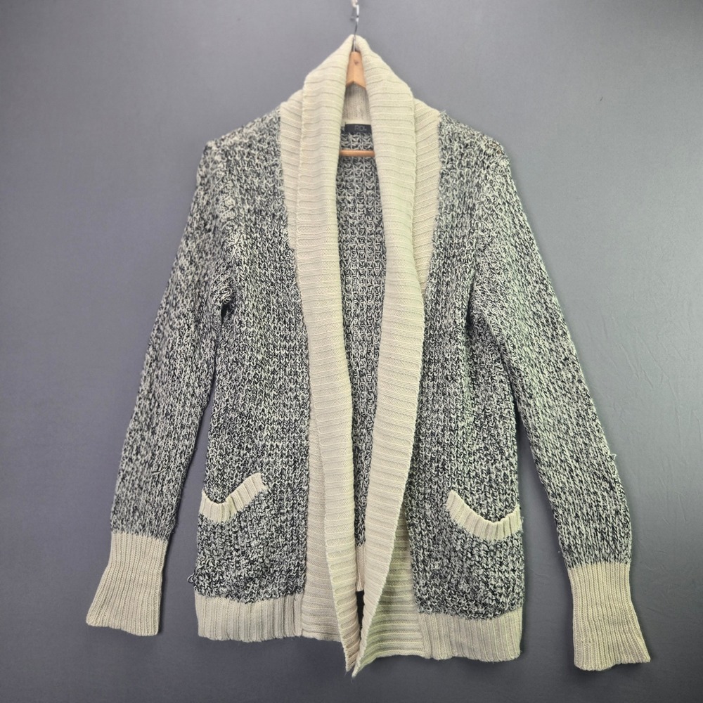 RDI Cardigan Sweater Open Front Shawl Collar Size M Black White Marled Knit Pckt